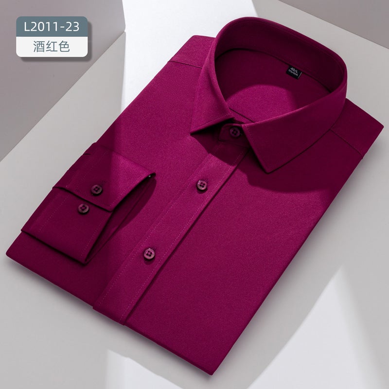 Shirt Mens Long-sleeved Business Stretch Slim-fit Anti-wrinkle White Shirt Work Clothes Business Wear Work Dress Shirt Mens Wine red 
