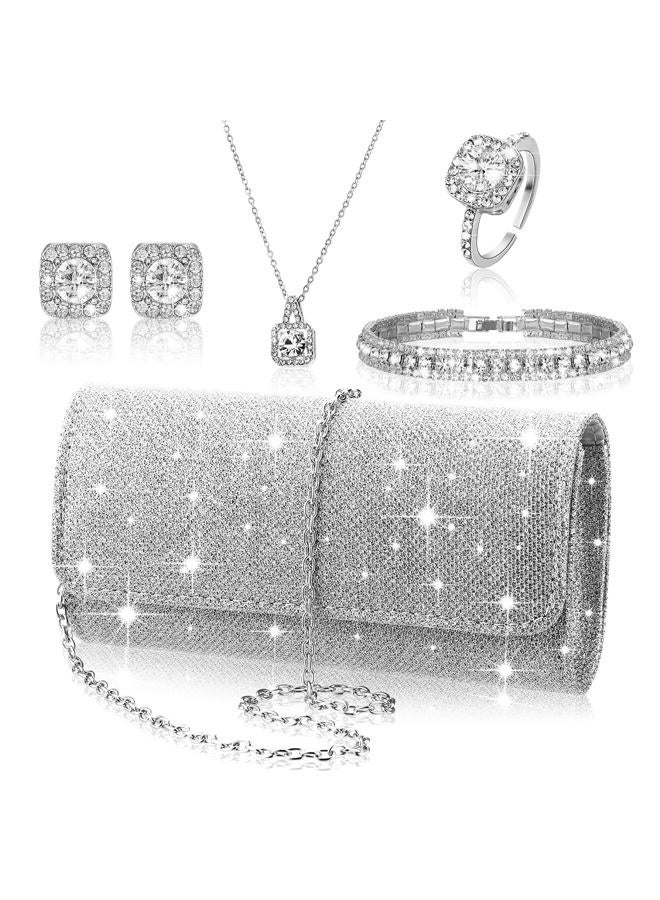 Canchiing 5 Pcs Rhinestone Jewelry Set for Women Glitter Bling Clutch Purse Necklace Earrings Bracelet Ring for Bride Wedding, about 7.9 x 3.9 x 2 inches, Alloy, Cubic Zircon, cubic zircon - Image 1