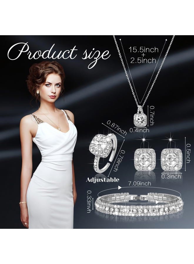 Canchiing 5 Pcs Rhinestone Jewelry Set for Women Glitter Bling Clutch Purse Necklace Earrings Bracelet Ring for Bride Wedding, about 7.9 x 3.9 x 2 inches, Alloy, Cubic Zircon, cubic zircon - Image 2