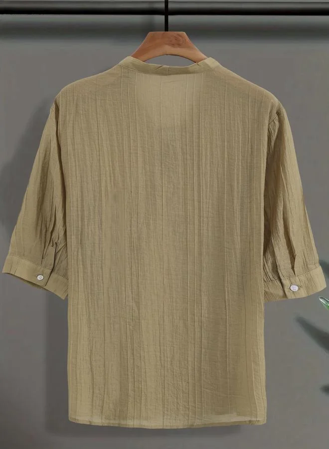 Take Two Take Two Men Beige Textured Drawstring Front T-Shirt