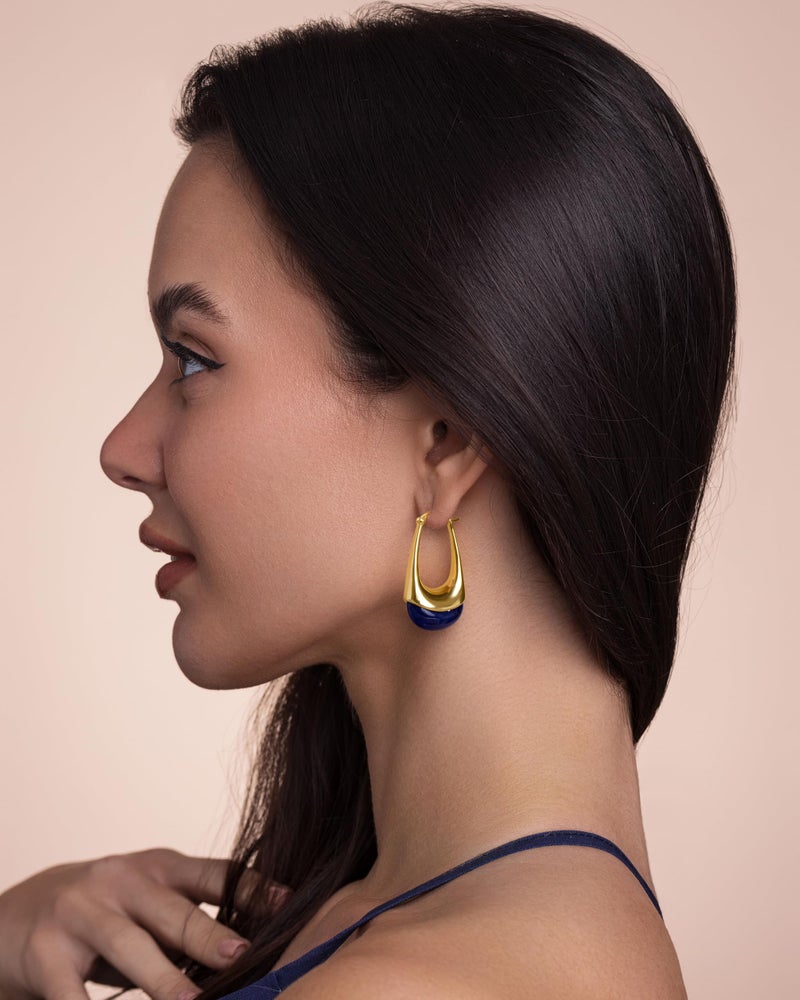 SNGIA Long Oval Chunky Dangle 18K gold plated Hoops with Colored Resin Gemstone Statement Earrings for Women by SNGIA, (Green, Brown, Blue, Pink, White, Cream), Bold Drop Handmade Exaggerated Irregular Trendy Bohemian Jewelry Gifts, Unique Dangling Teardrop Baroque Stone Summer Beach Fashion Earrings Accessories, Round Vintage Thick Circular Nickle Free Huggies Hoop Earrings. (Navy) - Image 2