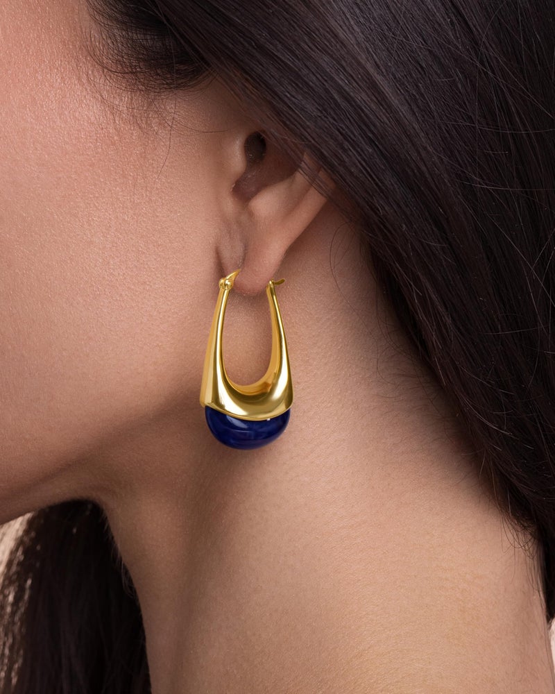 SNGIA Long Oval Chunky Dangle 18K gold plated Hoops with Colored Resin Gemstone Statement Earrings for Women by SNGIA, (Green, Brown, Blue, Pink, White, Cream), Bold Drop Handmade Exaggerated Irregular Trendy Bohemian Jewelry Gifts, Unique Dangling Teardrop Baroque Stone Summer Beach Fashion Earrings Accessories, Round Vintage Thick Circular Nickle Free Huggies Hoop Earrings. (Navy) - Image 4