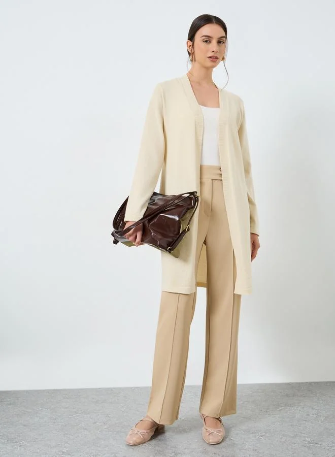 Take Two Beige Flat Knit Midi Cardigan
