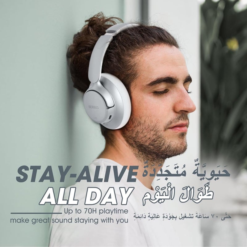 BERIBES Active Noise Cancelling Headphones, Headphones Wireless over ear with Microphone, 70H Playtime, Foldable Bluetooth Headphones with HiFi Audio, Deep Bass for Office, Travel, Gym - Image 2
