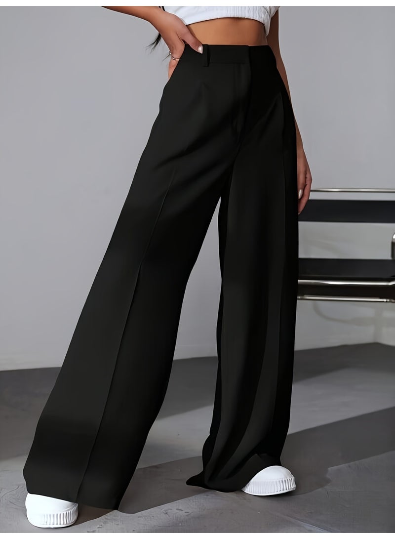SCACTO Solid Color Wide Leg High Waist Straight Pants 