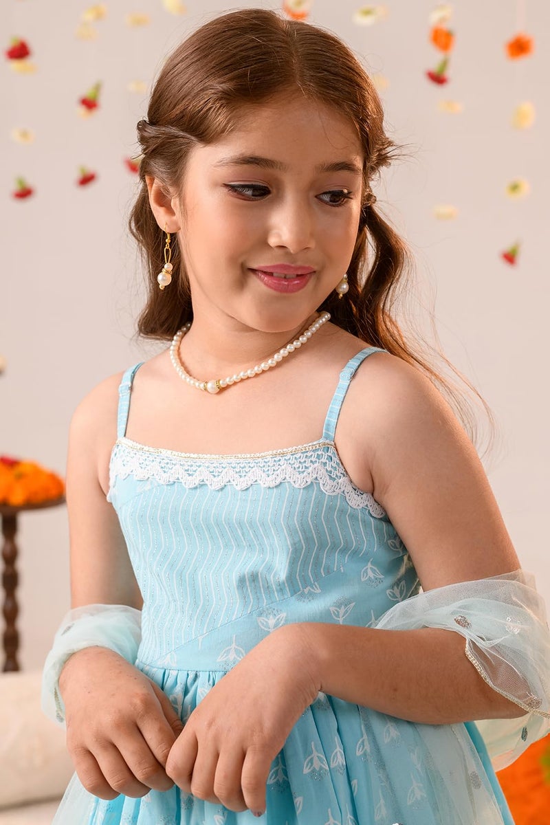 Pspeaches Girls Cotton Sleeveless Shoulder Straps Ethnic Motifs Print Kurta And Sharara With Dupatta 3 Piece Set|Ethnic Wear For Kids Girls|Traditional & Festive Outfit 12-13 Year Sky Blue - Image 2