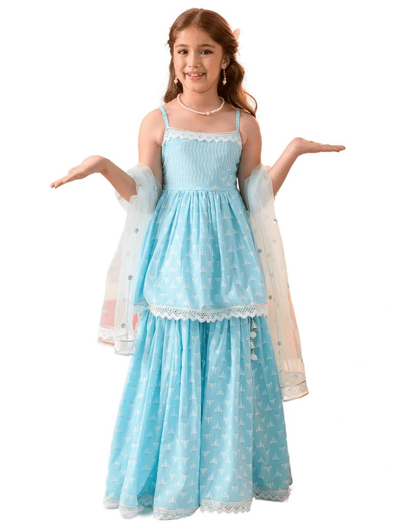 Pspeaches Girls Cotton Sleeveless Shoulder Straps Ethnic Motifs Print Kurta And Sharara With Dupatta 3 Piece Set|Ethnic Wear For Kids Girls|Traditional & Festive Outfit 12-13 Year Sky Blue - Image 4