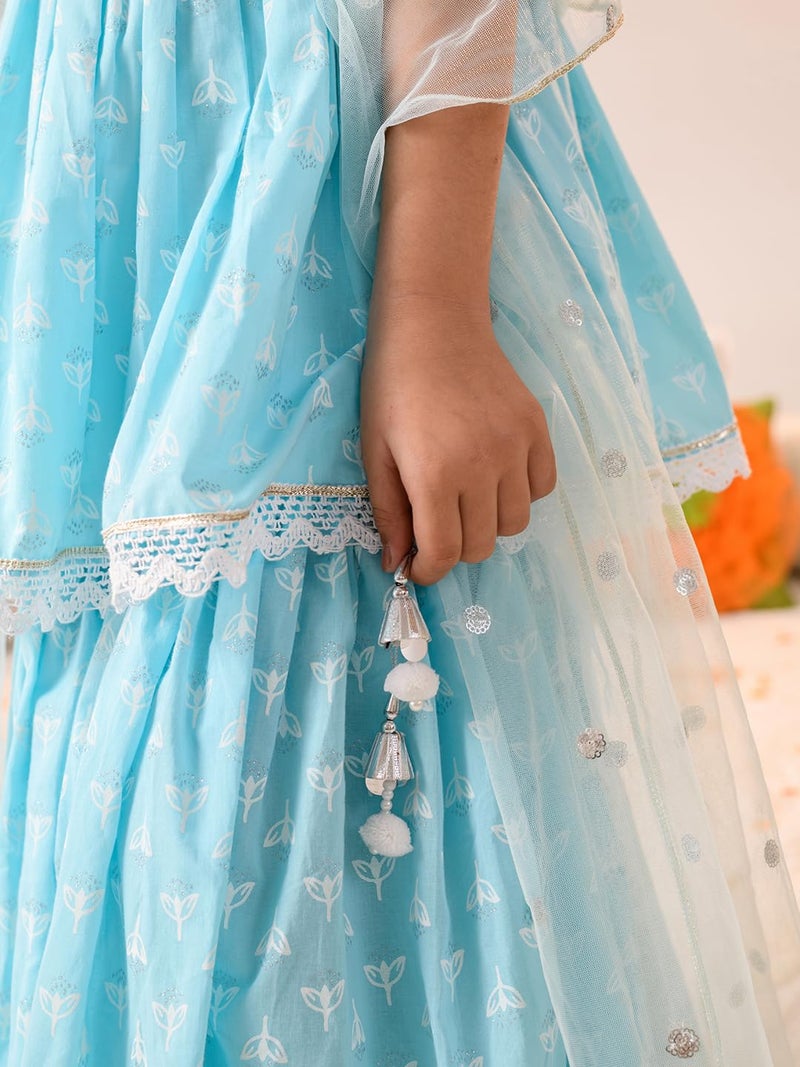 Pspeaches Girls Cotton Sleeveless Shoulder Straps Ethnic Motifs Print Kurta And Sharara With Dupatta 3 Piece Set|Ethnic Wear For Kids Girls|Traditional & Festive Outfit 12-13 Year Sky Blue - Image 3