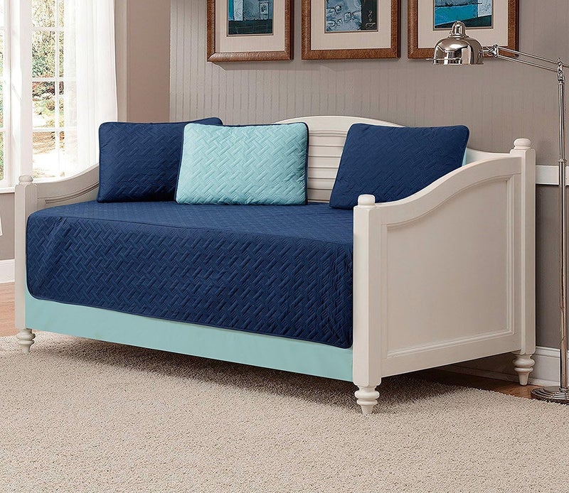 5pc Daybed Cover Solid Embossed Bedspread New (Navy Blue/Light Blue)