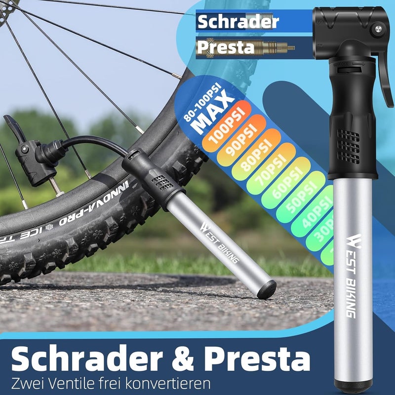 West Biking Mini Bike Pump - Portable Aluminum Alloy Pump for Presta & Schrader Valves - Image 2