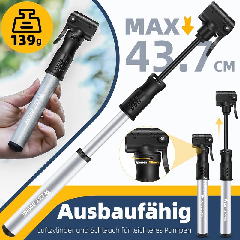 West Biking Mini Bike Pump - Portable Aluminum Alloy Pump for Presta & Schrader Valves - Image 3