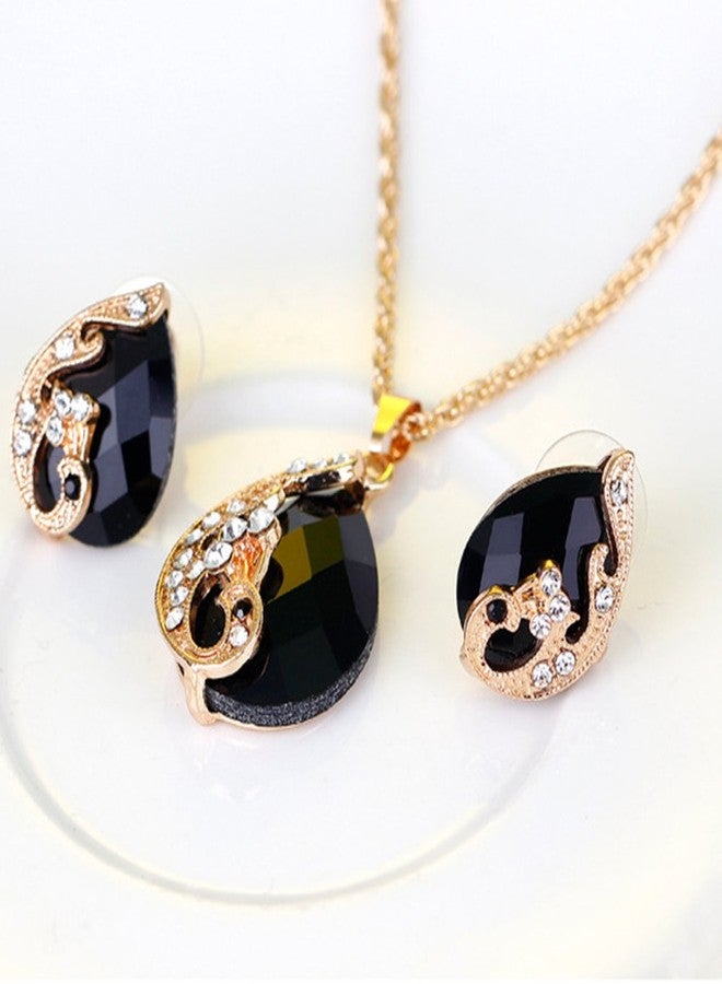 Ezing Women's Gold Plated Teardrop Crystal Necklace, Rings and Earrings Jewelry Set (black) - Image 2