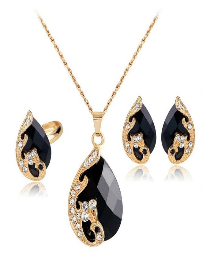 Ezing Women's Gold Plated Teardrop Crystal Necklace, Rings and Earrings Jewelry Set (black) - Image 1
