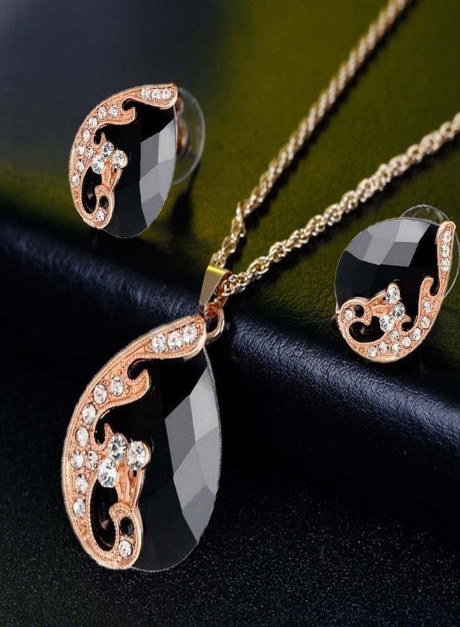 Ezing Women's Gold Plated Teardrop Crystal Necklace, Rings and Earrings Jewelry Set (black) - Image 4