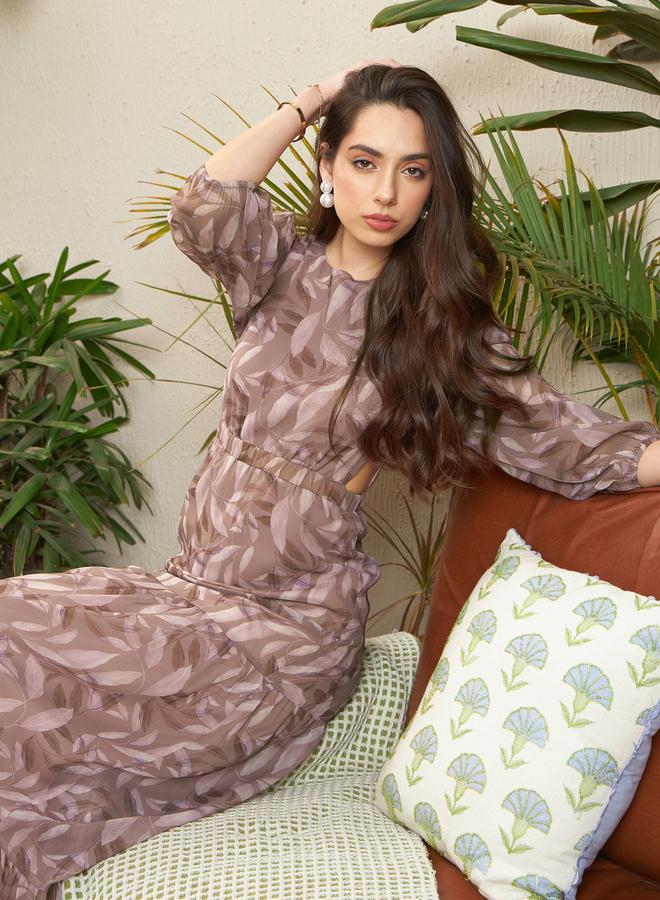 Sassafras Brown Leaf Print A-Line Midi Dress - Image 2