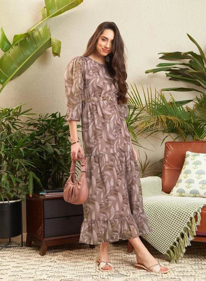 SASSAFRAS Sassafras Brown Leaf Print A-Line Midi Dress