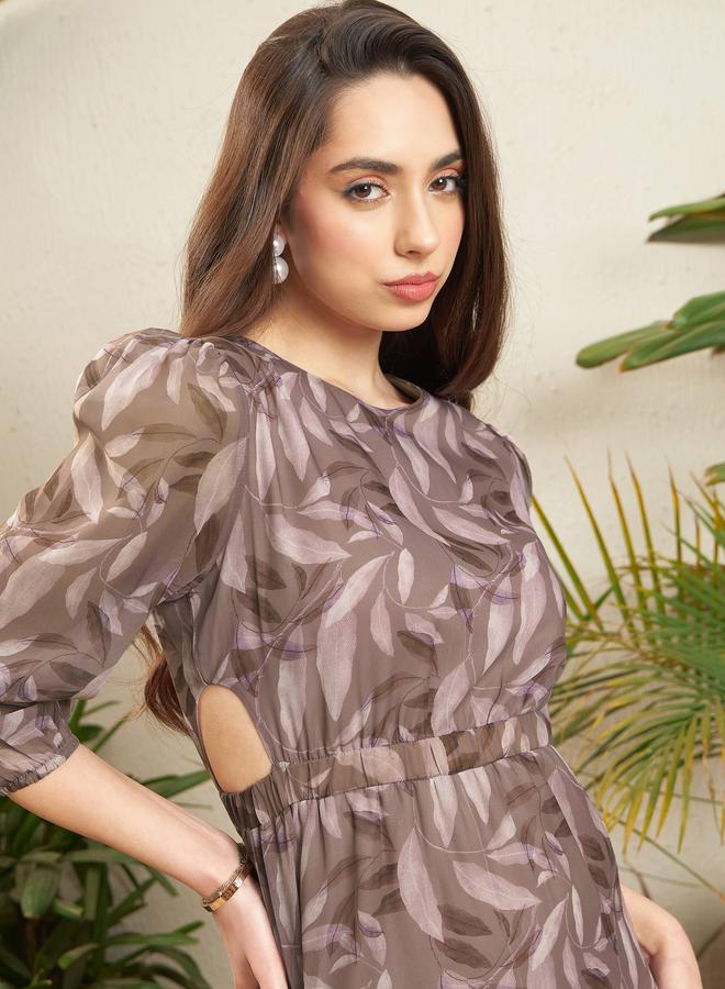 Sassafras Brown Leaf Print A-Line Midi Dress - Image 4