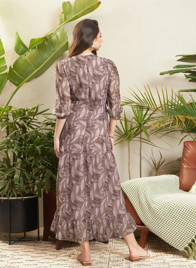 SASSAFRAS Sassafras Brown Leaf Print A-Line Midi Dress