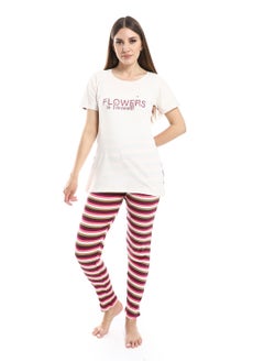 Stripped And Printed Top With Pants Pajama Set