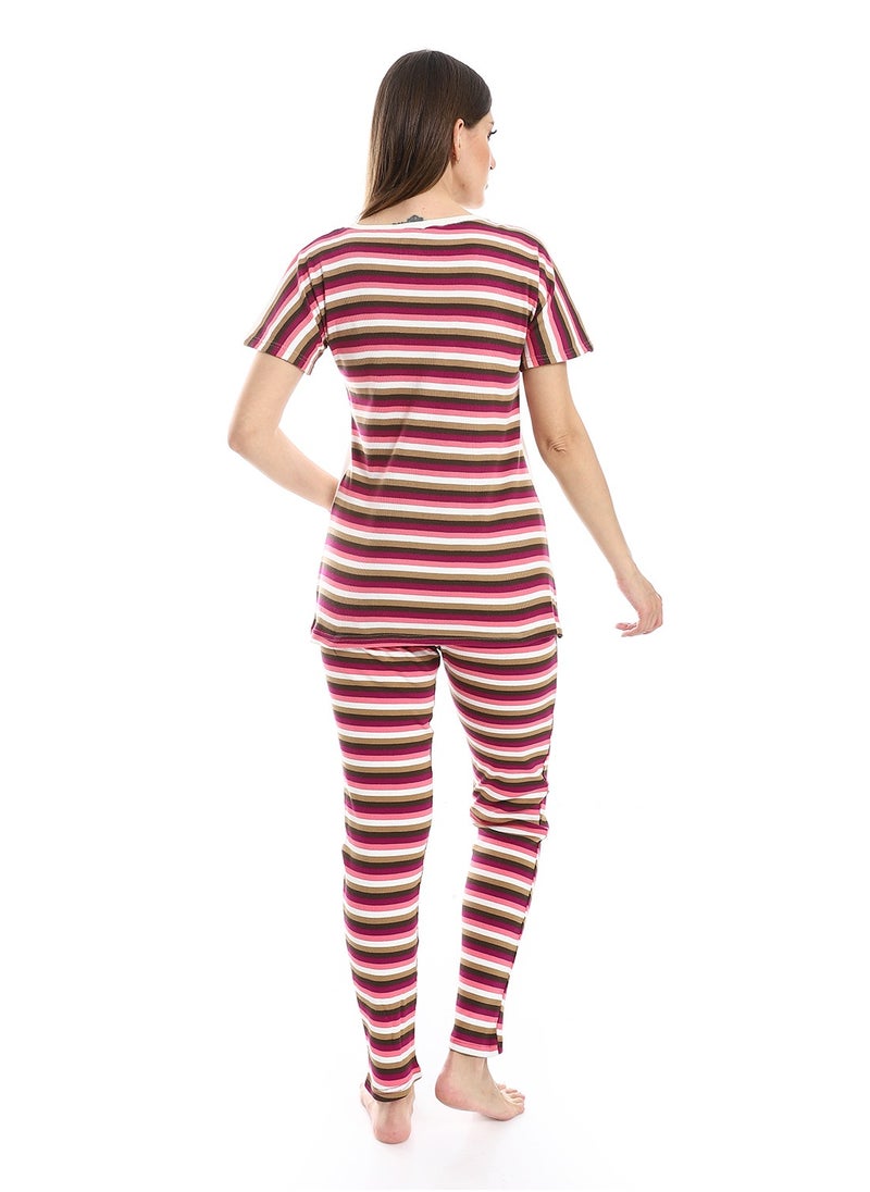 Caesar - Stripped And Printed Top With Pants Pajama Set - Image 1