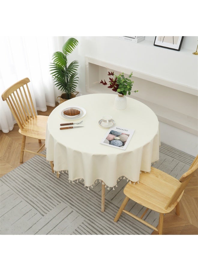 Circular Table Cloth, Tablecloth with Tassel Dust-Proof, Table Cover for Kitchen Dinning Tabletop Decoration Polyester TPU Fringe Edge - Solid Beige Table Protector Home Decor - 90cm - Image 1