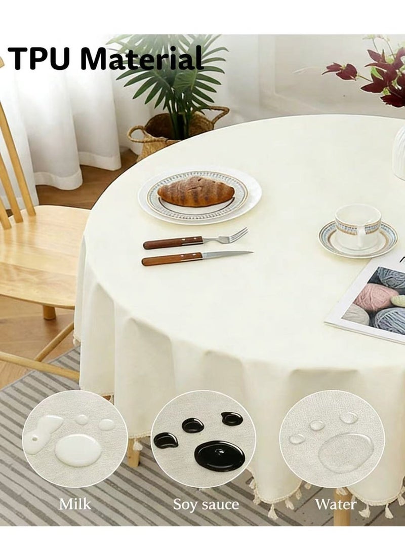 Circular Table Cloth, Tablecloth with Tassel Dust-Proof, Table Cover for Kitchen Dinning Tabletop Decoration Polyester TPU Fringe Edge - Solid Beige Table Protector Home Decor - 90cm - Image 2