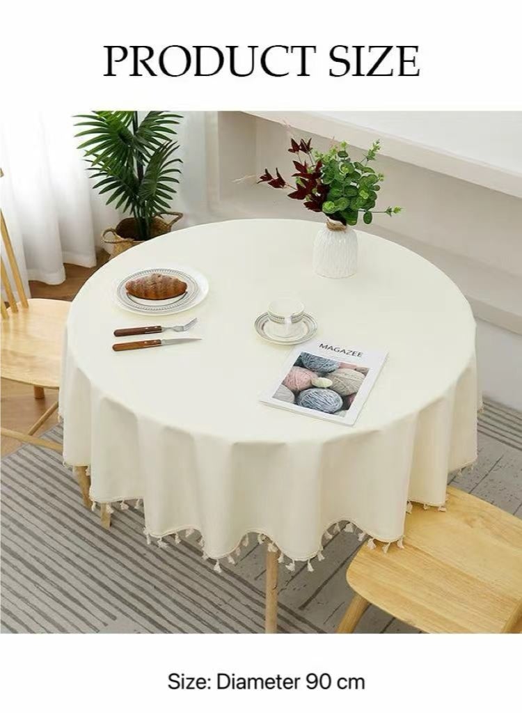 Circular Table Cloth, Tablecloth with Tassel Dust-Proof, Table Cover for Kitchen Dinning Tabletop Decoration Polyester TPU Fringe Edge - Solid Beige Table Protector Home Decor - 90cm - Image 5