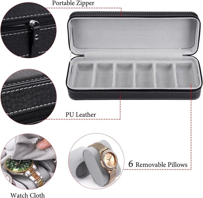 PANIXIA Watch Organizer Box - 6 Slot Holder with Removable Pillow, PU Leather Zippered Case for Men & Women, Travel Watch Storage - Image 5
