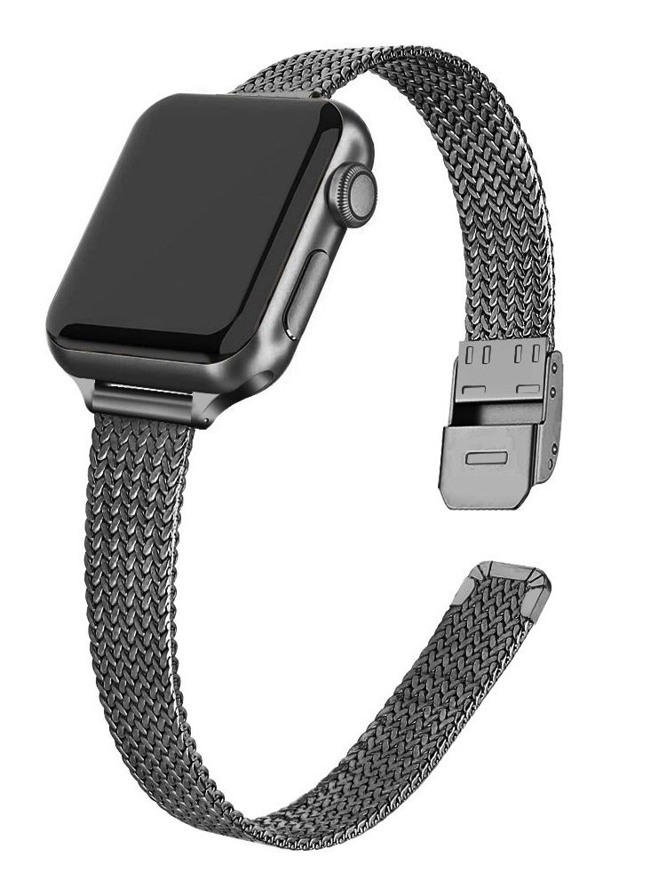 O Ozone Slim Metal Straps For Apple Watch Series 10 9 8 7 6 5 4 SE, 38/40/41/42mm Thin Narrow Stainless Steel Mesh Milanese Metal Strap -Black - Image 1