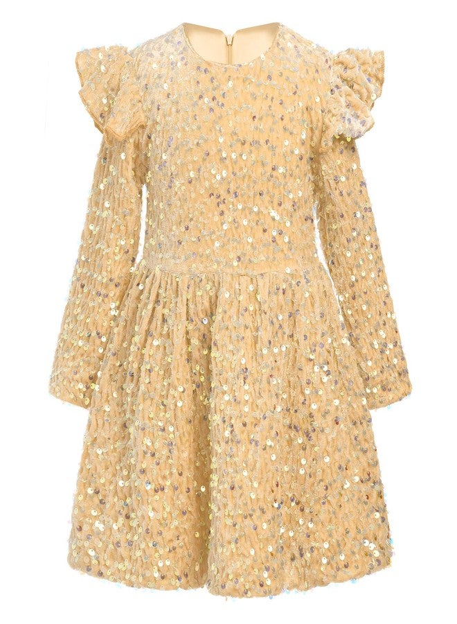 ODIZLI Girls Sparkly Dress Long Sleeve Sequin Velvet Christmas Dresses Girls Sequin Dress Ruffle Baby Princess Dress for Gold Toddler Dress Holiday Xmas Party Fall Outfits for Kids Champagne A 9-12 Months - Image 1