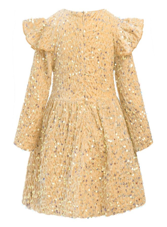 ODIZLI Girls Sparkly Dress Long Sleeve Sequin Velvet Christmas Dresses Girls Sequin Dress Ruffle Baby Princess Dress for Gold Toddler Dress Holiday Xmas Party Fall Outfits for Kids Champagne A 9-12 Months - Image 3