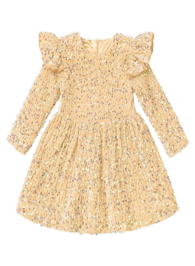 ODIZLI Girls Sparkly Dress Long Sleeve Sequin Velvet Christmas Dresses Girls Sequin Dress Ruffle Baby Princess Dress for Gold Toddler Dress Holiday Xmas Party Fall Outfits for Kids Champagne A 9-12 Months - Image 4