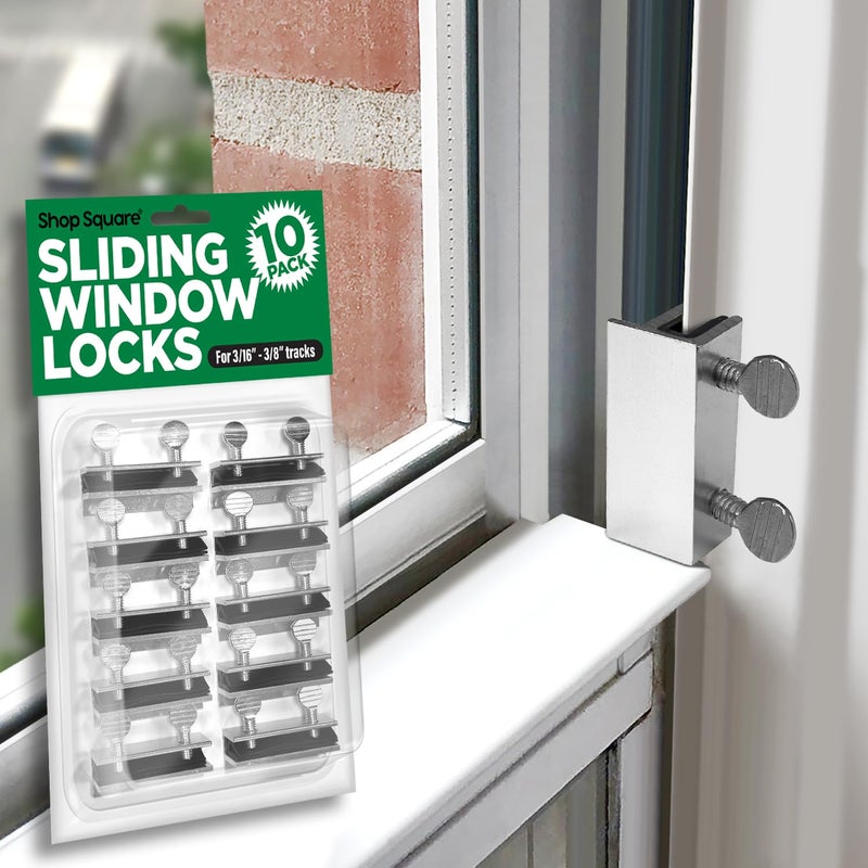 Shop Square Window Locks, 10 Pack Window Locks for Vertical and Horizontal Windows, Sliding Window Locks, Adjustable Aluminum Window Stoppers, Window Security, No-Drill Install, Fits Tracks up to 3/16" Wide - Image 1