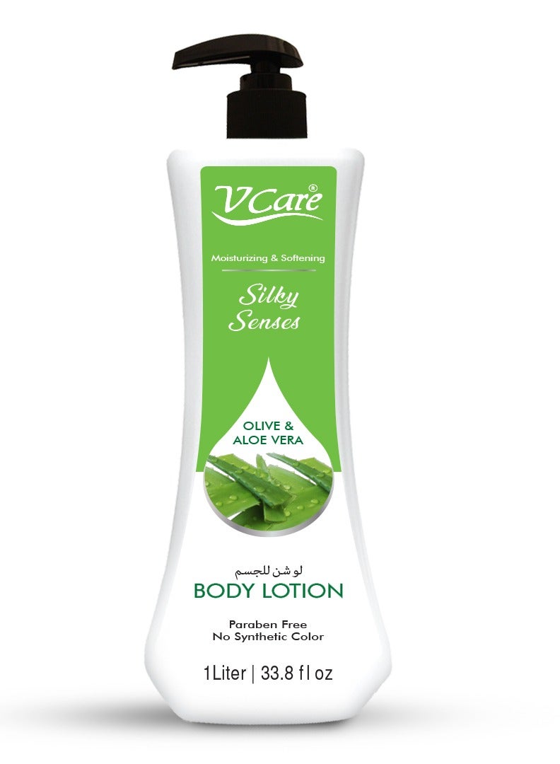VCare VCare Silky Senses Body Lotion 1L  Olive And Aloe Vera Extracts| Moisturizing Body Lotion For Dry And Rough Skin |Deeply Nourishes Revitalizes And Makes Your Skin Silky Soft  - Image 1