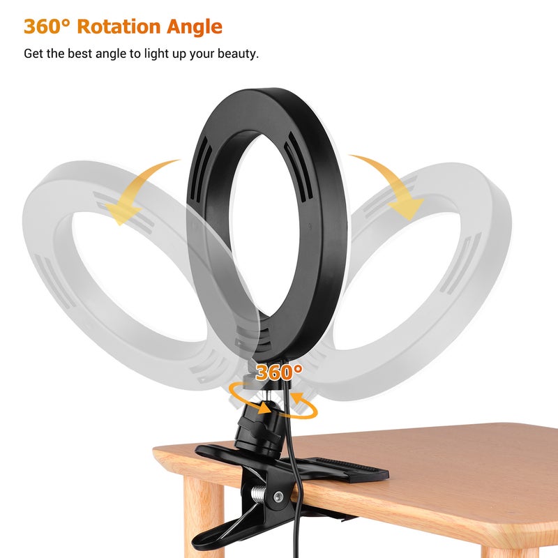 Selfie Ring Light: Black, USB Powered, 3 Color Lighting Modes & 11 Brightness Levels - Aluminum Alloy Frame & Curved Polypropylene Lampshade, Stable Clamp Mount & Tabletop Tripod for Live Streaming, V - Image 5