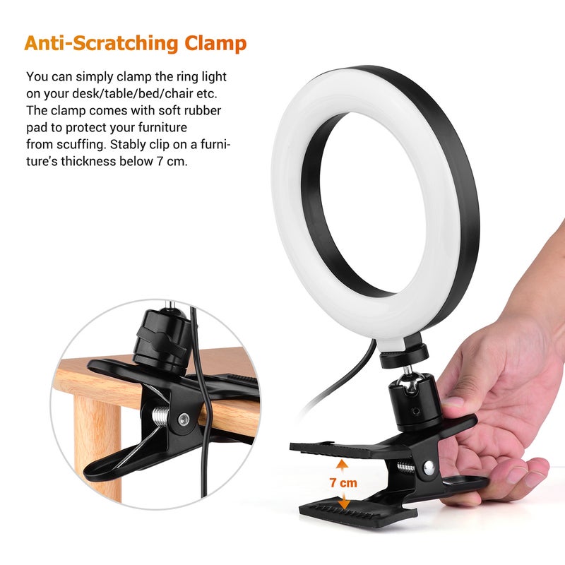 Selfie Ring Light: Black, USB Powered, 3 Color Lighting Modes & 11 Brightness Levels - Aluminum Alloy Frame & Curved Polypropylene Lampshade, Stable Clamp Mount & Tabletop Tripod for Live Streaming, V - Image 4