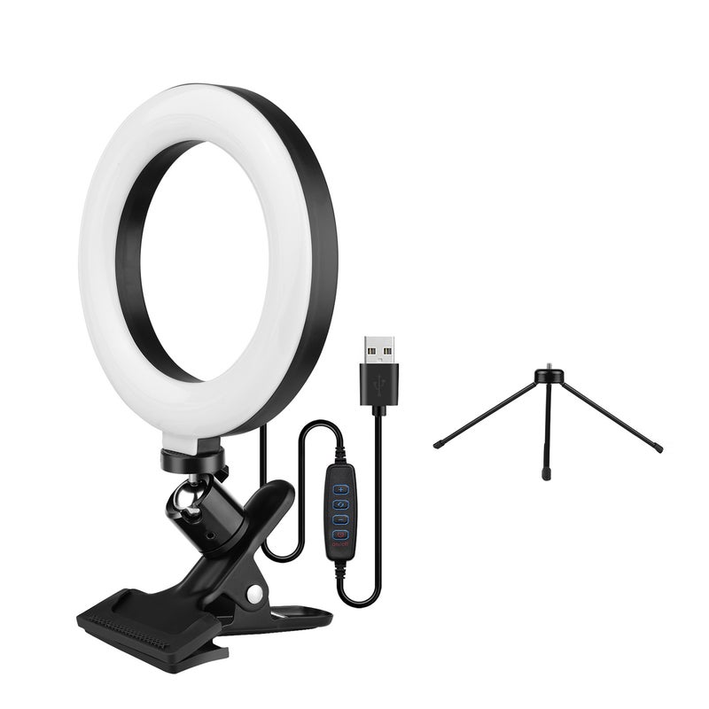 Selfie Ring Light: Black, USB Powered, 3 Color Lighting Modes & 11 Brightness Levels - Aluminum Alloy Frame & Curved Polypropylene Lampshade, Stable Clamp Mount & Tabletop Tripod for Live Streaming, V - Image 1