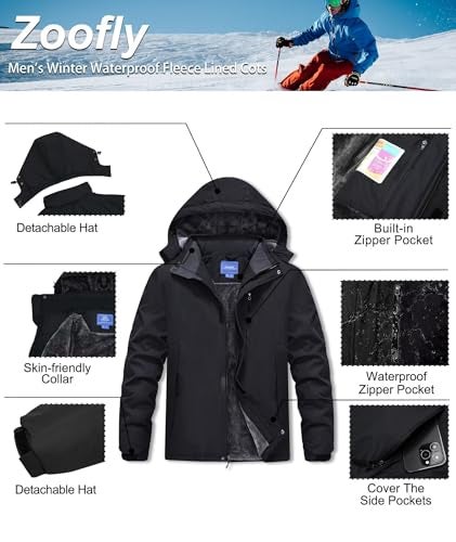 Zoofly Mens Winter Jackets Water Resistant Ripstop Ski Coat for Men Zip Pocket Work Jacket for Men Durable Black L - Image 5