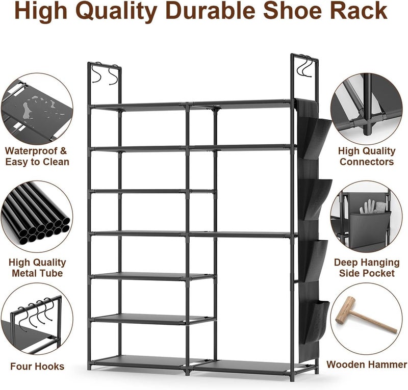 Finew Shoe Rack 7 Tiers, Metal Shoe Storage Organiser for Entryway Closet, Holds 24-28 Pairs Shoes Boots, Stand Shoe Shelf Cabinet with Hooks & Side Hanging Pockets for Hallway Bedroom Garage - Black - Image 3
