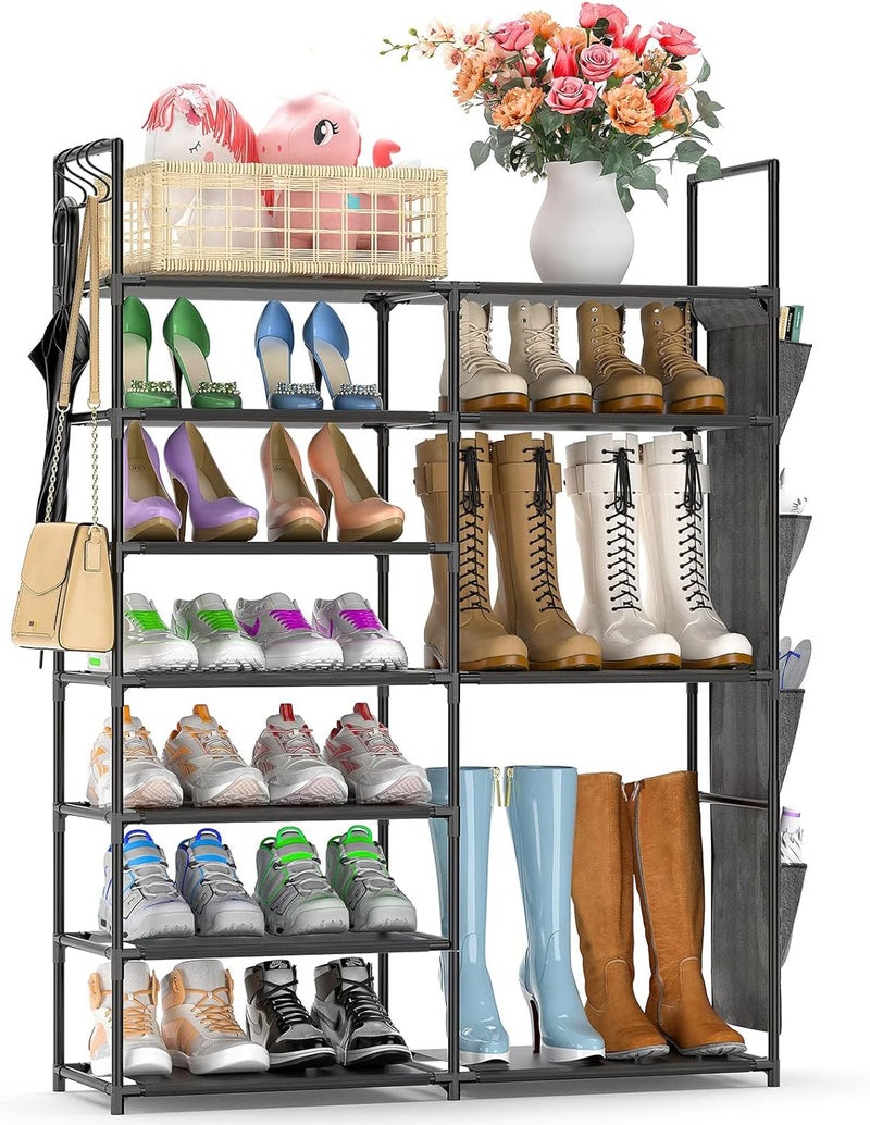 Finew Shoe Rack 7 Tiers, Metal Shoe Storage Organiser for Entryway Closet, Holds 24-28 Pairs Shoes Boots, Stand Shoe Shelf Cabinet with Hooks & Side Hanging Pockets for Hallway Bedroom Garage - Black - Image 1
