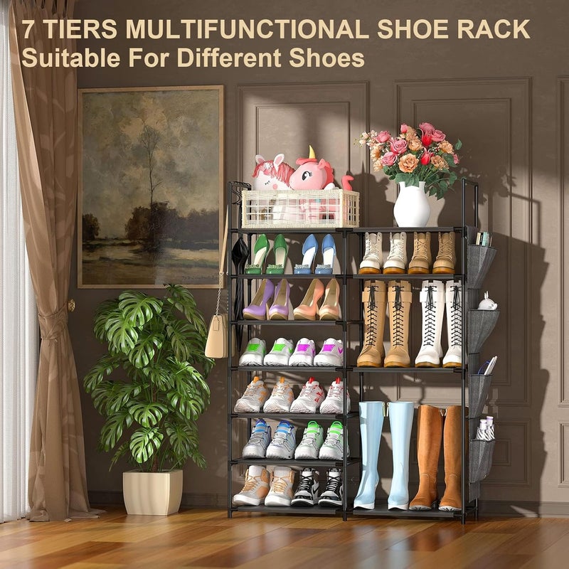 Finew Shoe Rack 7 Tiers, Metal Shoe Storage Organiser for Entryway Closet, Holds 24-28 Pairs Shoes Boots, Stand Shoe Shelf Cabinet with Hooks & Side Hanging Pockets for Hallway Bedroom Garage - Black - Image 2