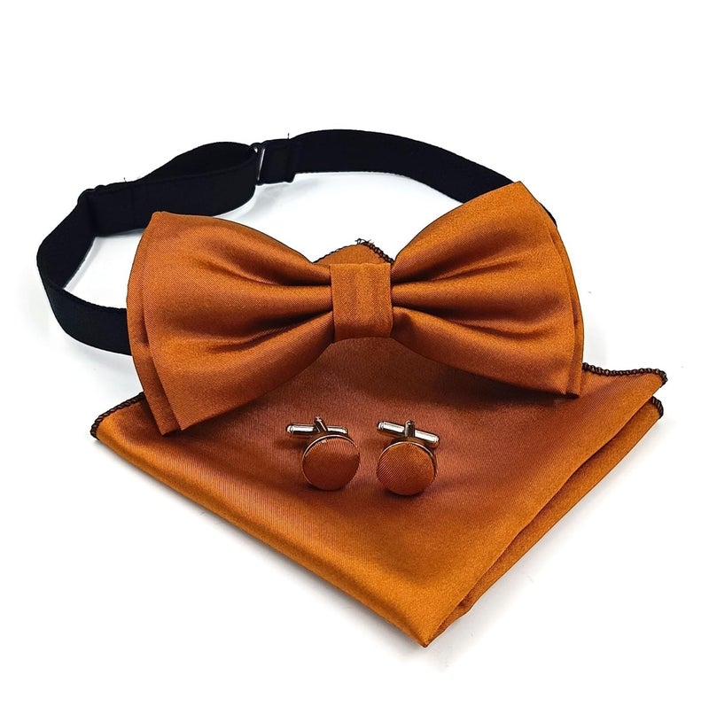 UTF Store Mens Solid Color Double Fold Pre-tied Bow Tie and Pocket Square Cufflink Set - Image 1