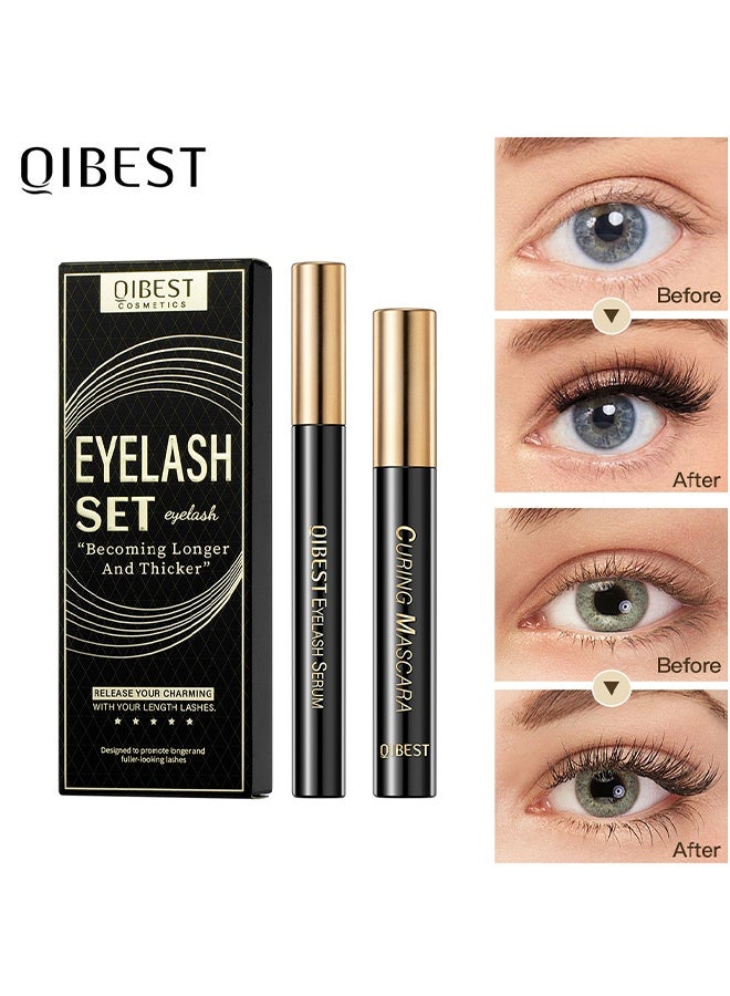 QiBest Eyelash Set Black Eyelash Curling Mascara and Eyelash Growth Serum Set 2 in 1 Set for Longer Thicker Eyelash Natural Thick Curly Rooted Long Eyelashes Lash Growth Serum Eyelash Mascara - Image 1