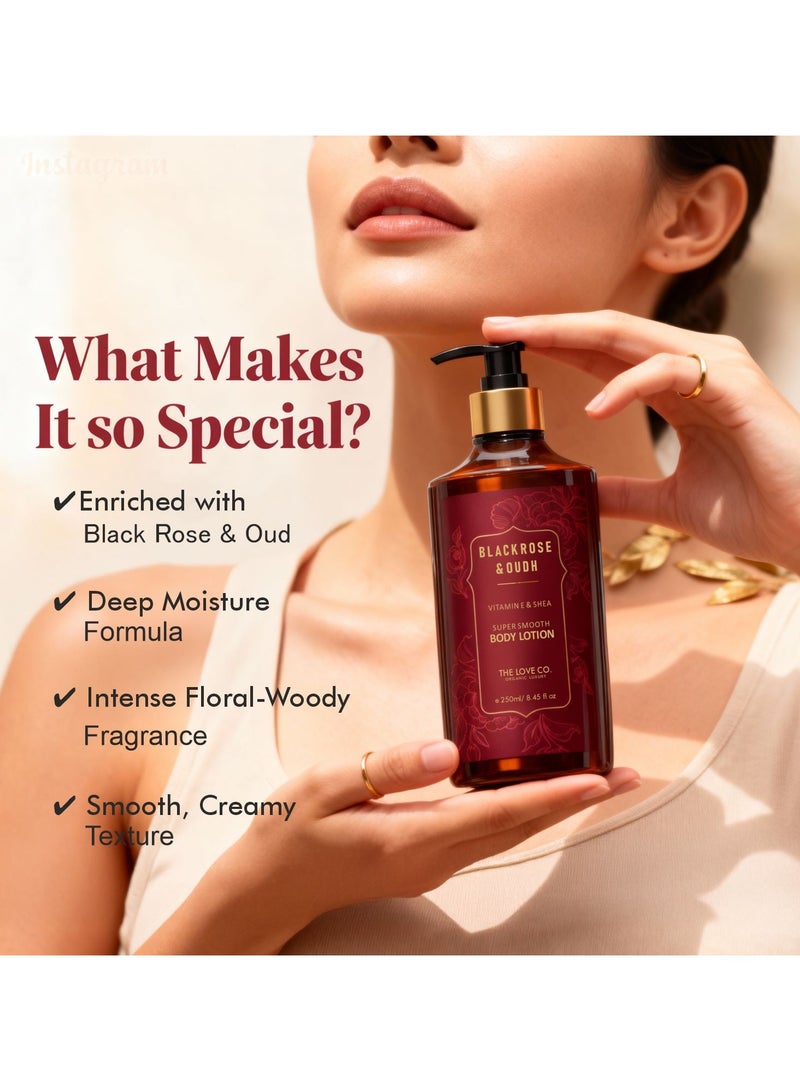 ذا لوف كو. لوشن للجسم برائحة الورد الأسود والعود | 250 مل - كريم مرطب ومغذي للبشرة الجافة - مناسب للرجال والنساء، بزيت الجوجوبا وزبدة الشيا وفيتامين هـ - Image 2