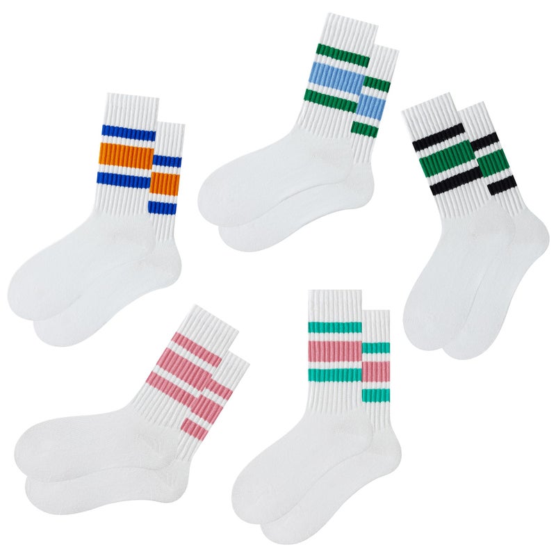 DarkCom Striped Crew Socks 5 Pairs Seamless Toe for Men and Women, Color of White, Casual Comfort - Image 1