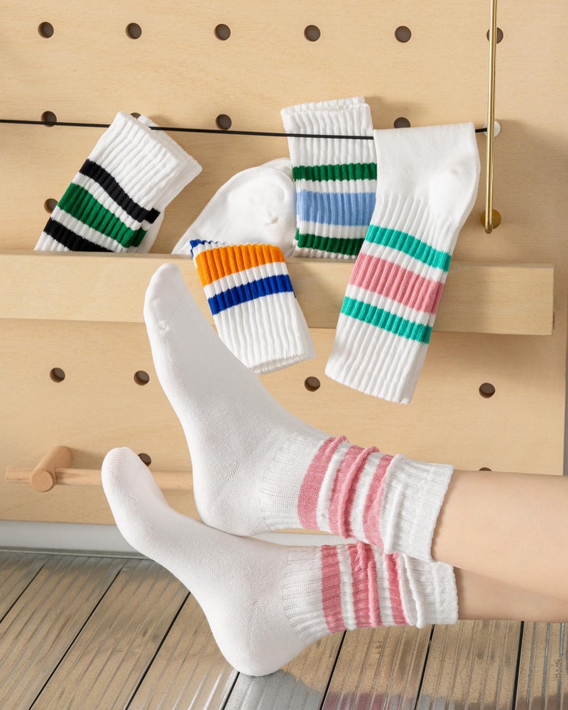 DarkCom Striped Crew Socks 5 Pairs Seamless Toe for Men and Women, Color of White, Casual Comfort - Image 2
