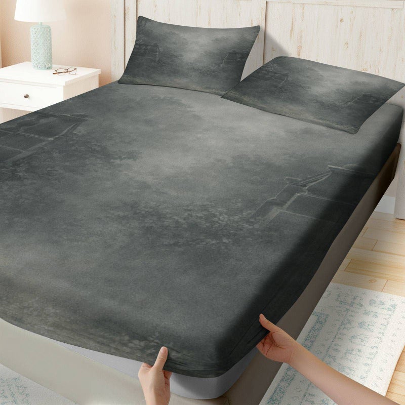 3 Pieces Twin Fitted Sheet Set Mixed Colors Misty Forest Print Fitted Sheet Two Pillowcases Winter Theme Cozy Bedding Soft Breathable Mattress Protector - Image 2