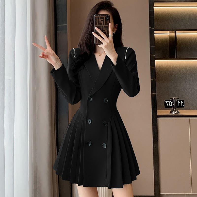 فستان بدلة نسائي احترافي عالي الجودة بأكمام طويلة، أنيق، صغير، عمل غير رسمي، تنورة مطوية - Image 2