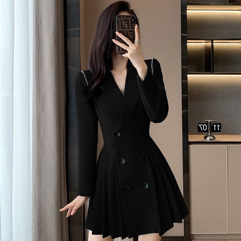 فستان بدلة نسائي احترافي عالي الجودة بأكمام طويلة، أنيق، صغير، عمل غير رسمي، تنورة مطوية - Image 1