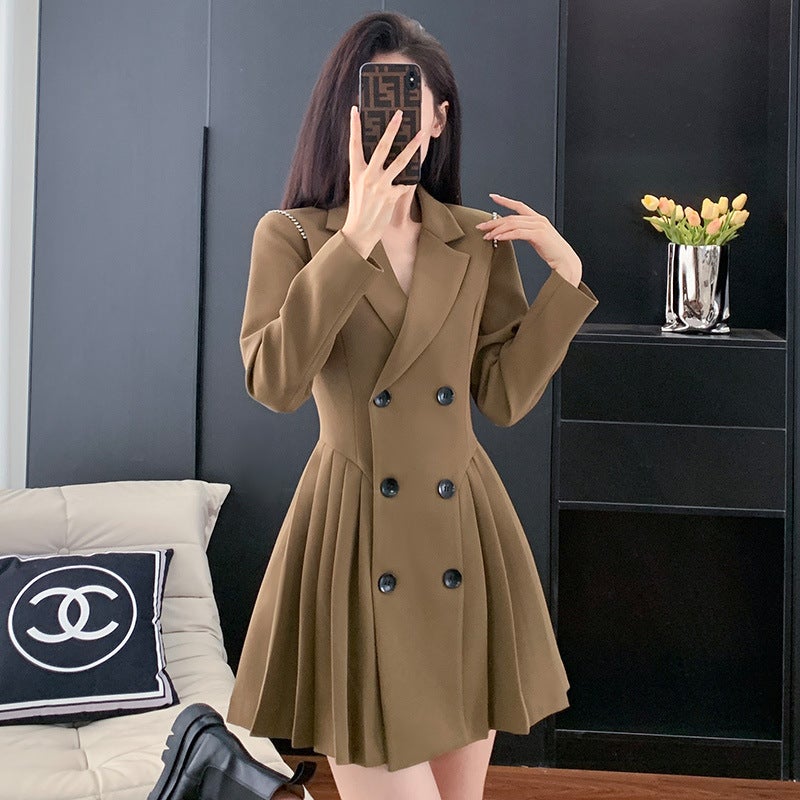 فستان بدلة نسائي احترافي عالي الجودة بأكمام طويلة، أنيق، صغير، عمل غير رسمي، تنورة مطوية - Image 4